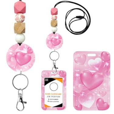 Imagem de Obookey Cordão rosa fofo com porta-crachá de identificação, cordão de coração Y2K para crachás de identificação, chaveiro com contas modernas, acessórios para mulheres, meninas, professores