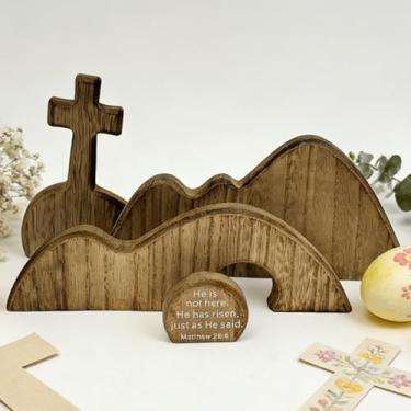 Imagem de FESTGLOX Conjunto de tumba vazia de madeira com cruz, cena de Páscoa de tumba vazia para decoração cristã, cena de ressurreição de Páscoa de madeira para exibição religiosa, bandeja de mesa de