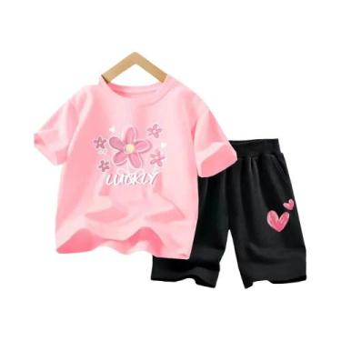 Imagem de Conjunto De Roupas De Verão Para Meninas Camiseta Com Flores E Shorts 