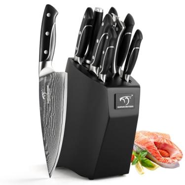 Imagem de Conjunto de facas de cozinha Damasco, conjunto de 9 facas de cozinha com bloco, cabo ergonômico ABS para conjunto de facas de chef, afiador de facas e tesouras de cozinha, conjunto de blocos de facas
