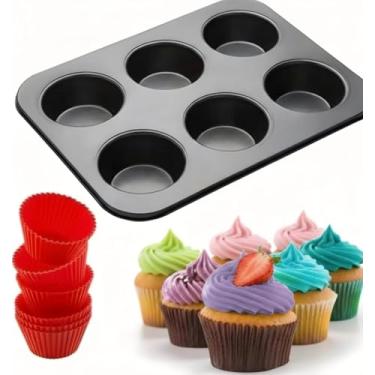 Imagem de Forma para Cupcake e Muffin Bolinho Mini Bolo - Assadeira com 6 Cavidades Antiaderente, Kit com 6 Forminhas de Silicone, Ideal para Forno e Air Fryer