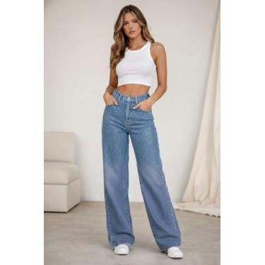 Imagem de Calça Jeans Feminina Wide Leg Pantacourt Com Aplicação de Strass Pedra