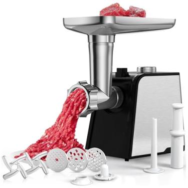 Imagem de Moedor de Carne Elétrico 800W 110V Aço Inoxidável | Máquina Moer com 1 Lâmina, 3 Redes de Faca, Tubo de Cabeça e Empurrador