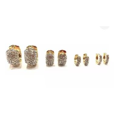 Imagem de Conjunto Trio de Argolas Cravejadas de Strass Semijóia Antialérgica - 