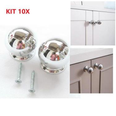 Imagem de Kit 10 Puxador Moveis Redondo Prata Luxo Gaveta Armario Ponto Bola Fur