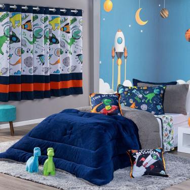 Imagem de Kit Coberdrom Solteiro Astrodino Azul Marinho Com Almofadas Estampadas 04 Peças - Dupla Face Sherpa E Mantinha