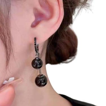 Imagem de Brincos Femininos Pendentes Pérola Negra Moda Coreana - anjo da mamãe,