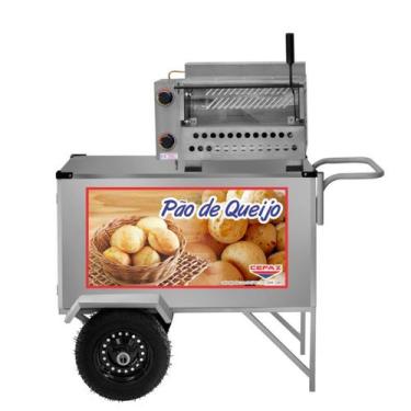 Imagem de Carrinho de Pão de Queijo Inox Guarda Sol e Rodas Pneumáticas Cefaz