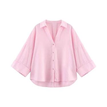 Imagem de Camisa Oversized De Linho Amarelo Para Mulheres, Manga Larga, Casual, 