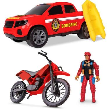 Imagem de Carrinho de Brinquedo Kit Resgate com Moto Suspensão Traseira Pickup Bote e Figura Samba Toys
