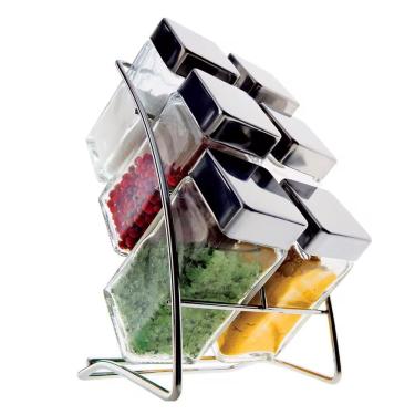 Imagem de Porta Condimentos Square 6 Peças em Vidro e Inox com Suporte em Aço Cromado para Cozinha Transparente Euro Home