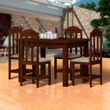 Imagem de Mesa Com 4 Cadeiras Para Cozinha 120 X 88 Madeira Castanho Estofado Bege Nemargi