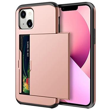 Imagem de SAMONPOW Compatível com capa para iPhone 13 com porta-cartão capa carteira híbrida de camada dupla proteção resistente à prova de choque capa para iPhone 13 para mulheres homens capa anti-riscos para iPhone 13 6,1 polegadas ouro rosa