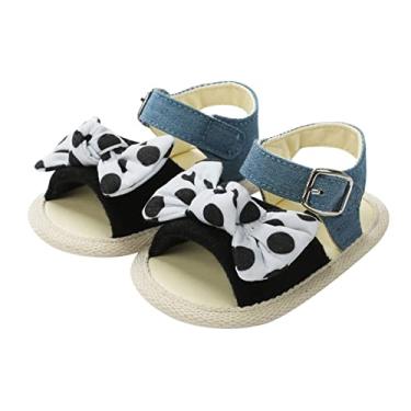 Imagem de Qwent Sandália infantil de verão para bebês meninas com bico aberto e laço, sapatos para primeiros passos, sandálias planas para verão (preta, 0 meses)