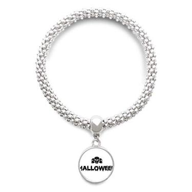 Imagem de DIYthinker Pulseira de prata com pingente de caveira Happy Ghost Fear Halloween Pulseira ajustável