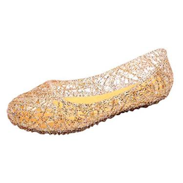 Imagem de Sandálias femininas de cristal de pássaro vazadas de fundo para fora planas respiráveis sandálias femininas confortáveis sandálias anabela para, Dourado, 9