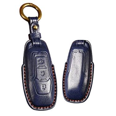 Imagem de HIBEYO Capa inteligente de couro de 3 botões compatível com Ford Edge Mondeo Everest Escort Mustang F-150 Galaxy Kuga S-Max Explorer Ranger acessórios de carro com chaveiros - azul
