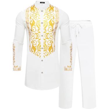Imagem de ZSJR Conjunto masculino africano de 2 peças Dashiki traje tradicional metálico dourado estampado camisa e calça, Branco, M
