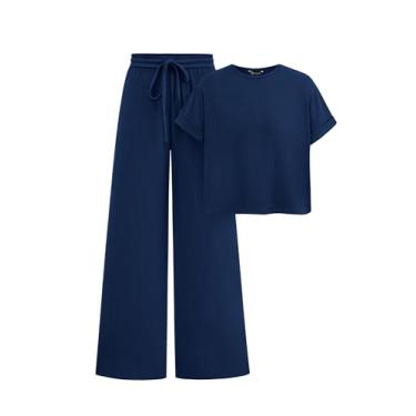 Imagem de PRETTYGARDEN Camiseta feminina de verão de 2 peças de malha de manga curta, calça de perna larga, roupa casual, Azul-marinho, P
