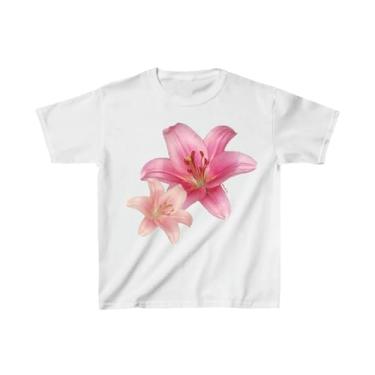 Imagem de Y2K Baby Tees for Women Cute Graphic Printed Crop Top Camiseta Star/Floral Manga Curta Gola Redonda Solta, Floral branco, M