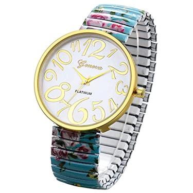 Imagem de JewelryWe Relógio de pulso feminino com mostrador grande e fácil leitura, floral, elástico, pulseira elástica para o dia dos namorados, Azul, Movimento de quartzo