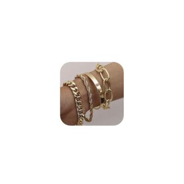 Imagem de fxmimior Conjunto de pulseiras de corrente boho delicadas para mulheres, ajustável, moderno, com contas grossas, de cabo plano, pulseiras punk para mulheres, conjunto de 4, Adjustable, liga metálica