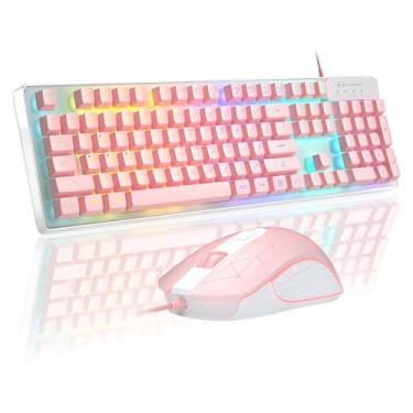Imagem de Teclado de jogos e Mouse Combo, MageGee K1 7 cores retroiluminado 104 teclas teclado para jogos com caixa transparente, Mouse de jogos LED de 3200 DPI para computador/PC/laptop - rosa