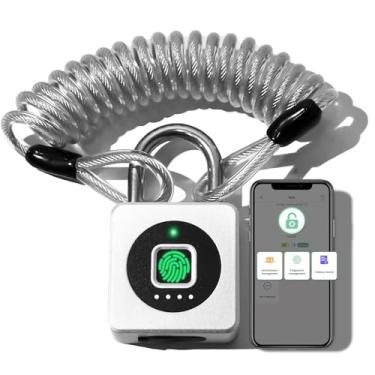 Imagem de Pothunder Cadeado de impressão digital, trava de impressão digital com aplicativo, cadeado com cabo de aço biométrico sem chave, à prova d'água, adequado para academia, armário, capacete, portão