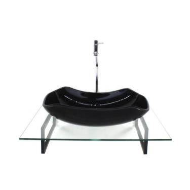 Imagem de Kit cuba de vidro abaulada preta com tampo 60cm incolor e suporte pret