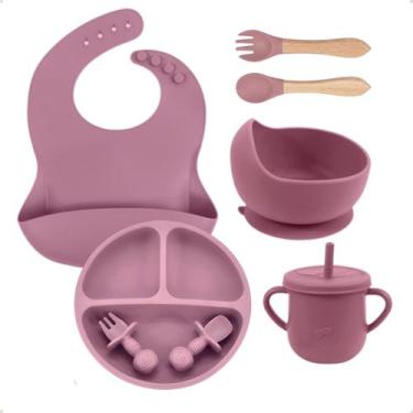Imagem de Kit Refeição Bebê Prato Babador Copo Talher Silicone Ventosa - Bruartt