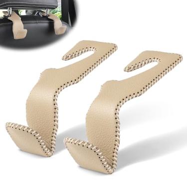 Imagem de LivTee — Ganchos de couro superior bege para encosto de cabeça do banco de trás para assento de carro, acessórios para organizadores de casacos, guarda-chuvas, sacolas de supermercado, bolsa de mão, pacote com 2