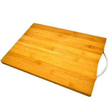 Imagem de Tábua Corte Bambu Com Alça Inox para Churrasco Carne Cebola Vegetais -
