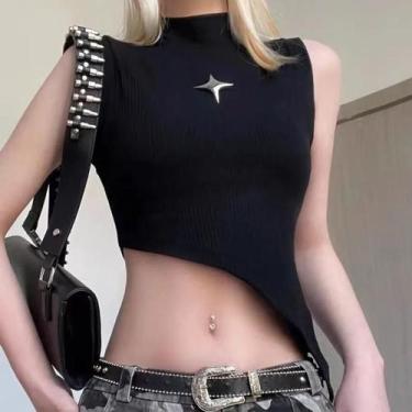 Imagem de Suéter Feminino Y2K Sem Mangas - Gola Alta, Bainha Assimétrica e Elást