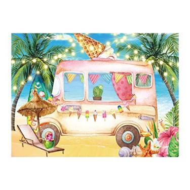 Imagem de Allenjoy Pano de fundo de 2,4 x 1,8 m para loja de sorvete, verão, oceano, palmeira, folha rosa, carro, foto, tema Aloha, festa de aniversário, mel, meninas, chá de bebê, bandeira, decoração de cabine de fotos
