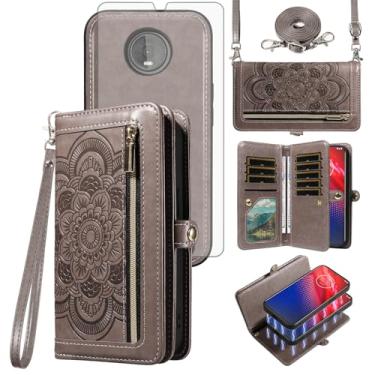 Imagem de Asuwish Capa de celular para Moto Z4/Moto Z 4 Play/MotoZ4 Force Zipper carteira destacável com protetor de tela suporte de cartão floral Motorola 4Z Motoz4Cases MotoZ4Play XT1980-4 2019 feminino cinza