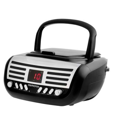 Imagem de Memorex Leitor de CD AM/FM com carregamento superior | Estéreo portátil com memória programável | Entrada auxiliar e visor LED (preto, caixa de CD retro)