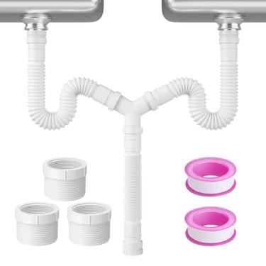 Imagem de Kit de drenagem de pia dupla - Armadilha flexível de 1-1/2 e 1-1/4 P para pia - Kit de encanamento expansível para cozinha e banheiro - Tubo branco durável