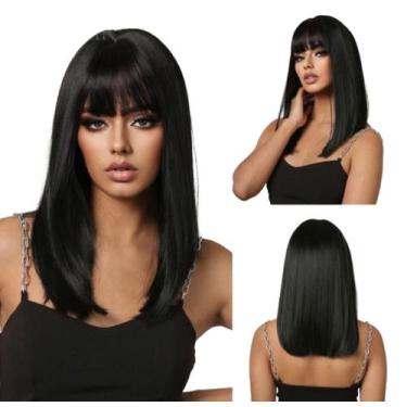 Imagem de Peruca 40cm Lisa de Franja Reta Fibra Alta Temperatura - GM Hair