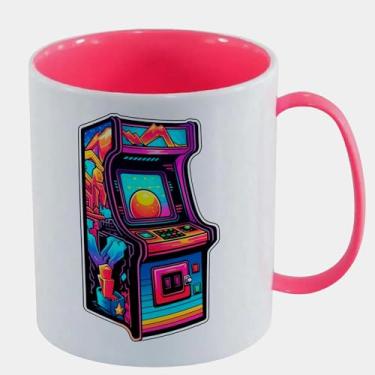 Imagem de Caneca Branca com Interna Pink de Polímero 325ml - FLIPERAMA NEON RETROWAVE