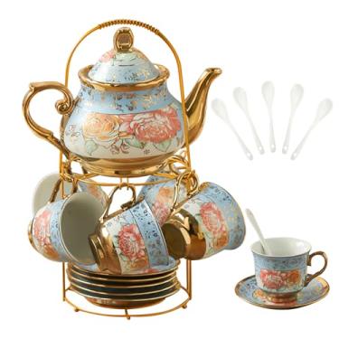 Imagem de Conjunto de chá de porcelana europeia de 20 peças com suporte de metal, xícaras e pires de chá florais vintage, design de flores banhadas a ouro - serve 6, conjunto de chá elegante para adultos e