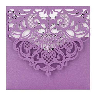 Imagem de FOMTOR Pacote com 50 convites de corte a laser, kit de cartões de convites de casamento com papel em branco imprimível e envelopes para casamento, festas de aniversário, chá de bebê, roxo
