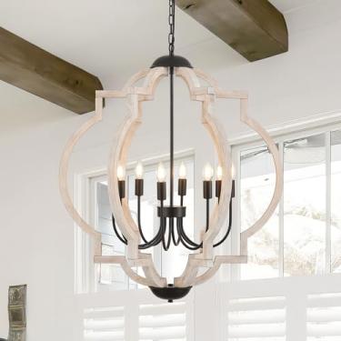 Imagem de lighceac Lustre Rústico Artesanal De 8 Lâmpadas, Estilo Orb, De Madeira Branca Envelhecida, Com 30,5", Pendente De Teto, Luminária De Lanterna De Madeira Para Sala De Jantar, Cozinha, Quarto, Hall