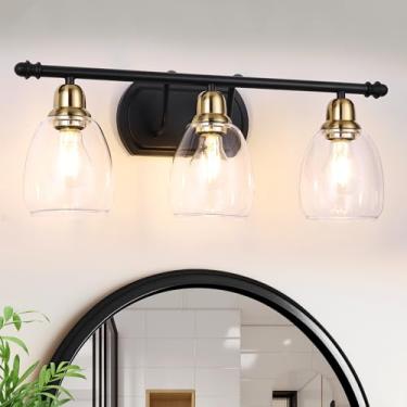 Imagem de OSGNER Luminárias Para Banheiro, Luminárias Modernas De 3 Luzes Para Banheiro Sobre Espelho, Arandela De Parede Preta E Dourada Com Cúpula De Vidro Transparente Para Banheiro, Espelho Para Quarto,