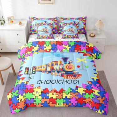 Imagem de Jogo de cama completo com estampa de quebra-cabeça geométrico, para decoração de quarto de crianças, meninos, adolescentes, veículos de transporte, 7 peças para quarto e sala de estar