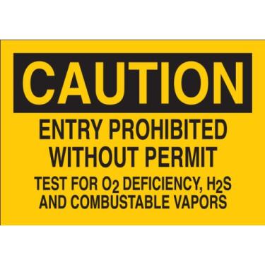 Imagem de Brady 84018 Poliéster autoadesivo, 17,8 x 25,4 cm, letreiro de cautela, Entrada proibida sem teste de permissão para deficiência de O2, H2S e vapores combustíveis"