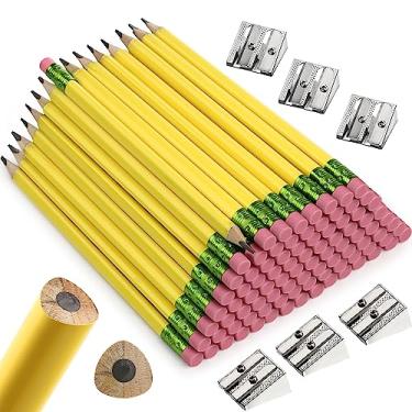 Imagem de Fainne Conjunto de lápis e apontadores de final de ano, 102 peças, lápis grandes e grandes e gordos com borrachas para crianças em idade pré-escolar, estudantes do jardim de infância (amarelo