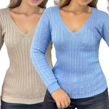 Imagem de Kit 2 Blusas Industrie Femininas Suéter Malha Tricô Bege e Bebê Manga Longa Tamanho:Único;Cor:-Feminino