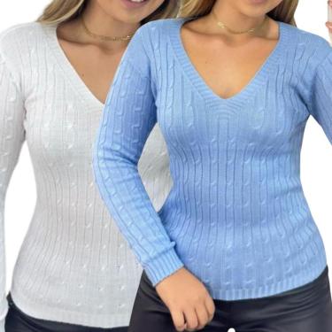 Imagem de Kit 2 Blusas Industrie Femininas Suéter Malha Tricô e Azul Bebê Manga Longa Tamanho:Único;Cor:-Feminino