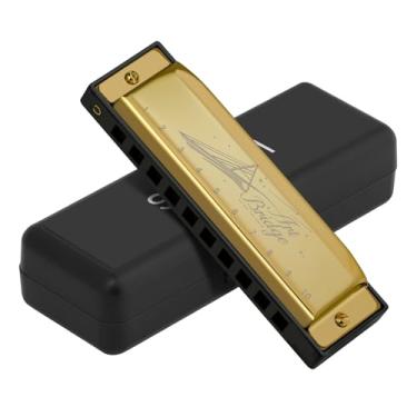 Imagem de Gaita Blues para crianças e adultos em chave C - Órgão bucal diatônico autêntico de 10 furos e 20 tons para melodias com alma - ideal para iniciantes, profissionais e estudantes (dourado, azul de 10