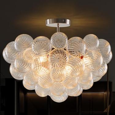 Imagem de Longree Lustre De Vidro Bolha Com Esferas, Galvanizado, Níquel E Transparente, Conjunto Lustres Globo Soprado, Luminárias Teto Embutidas, 24" Diâmetro, Para Mesa Jantar, Quarto, Entrada, Banheiro